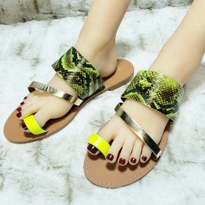 Pazzle Lime/Gold Faux Snakeskin Single Strap Sandals